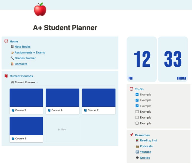 A Plus Student Planner Notion template main page