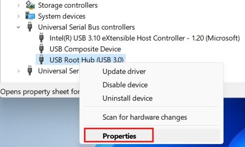 Selecting Properties for USB Serial Bus controller in context menu in Device Manager.