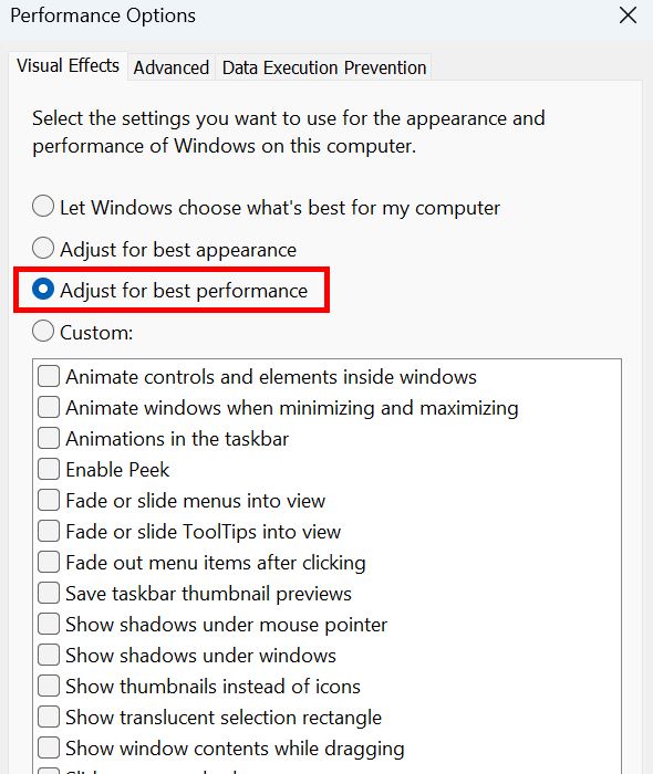 Selecting the "Adjust for best performance" option the "Visual Effects" tab under "Performance Options."