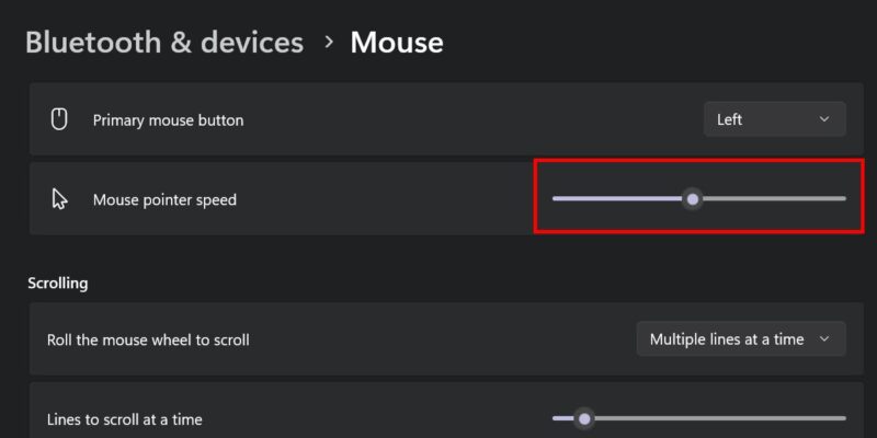 Adjusting the mouse pointer speed in Windows.
