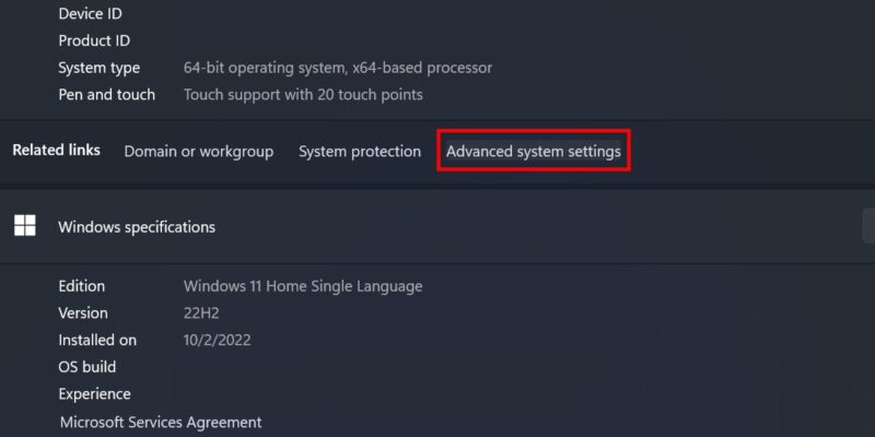 Clicking the link for "Advanced system settings" in Windows Settings.