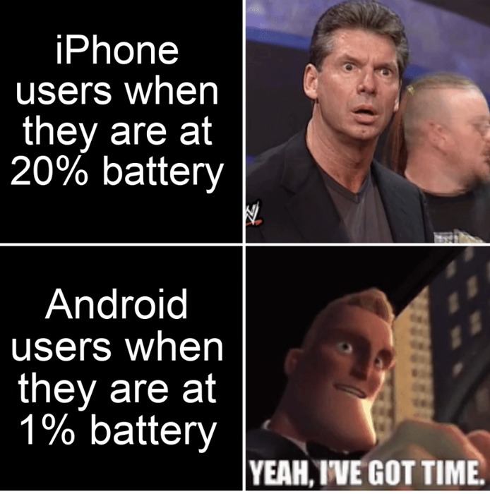 Meme highlighting poor iPhone battery issues.