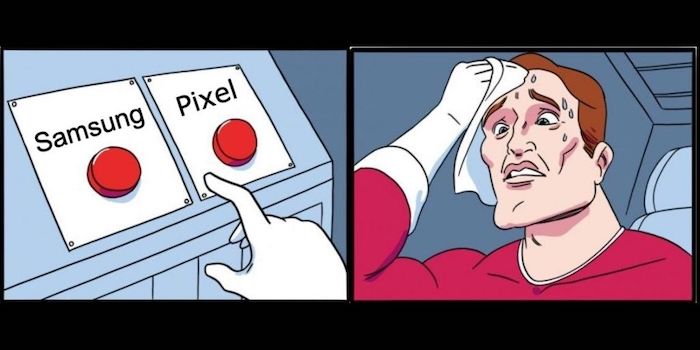Meme highlighting the decision between Samsung and Pixel. 
