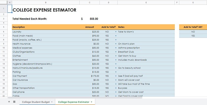 Tracking expenses with college expense estimator in College Student Budget template.
