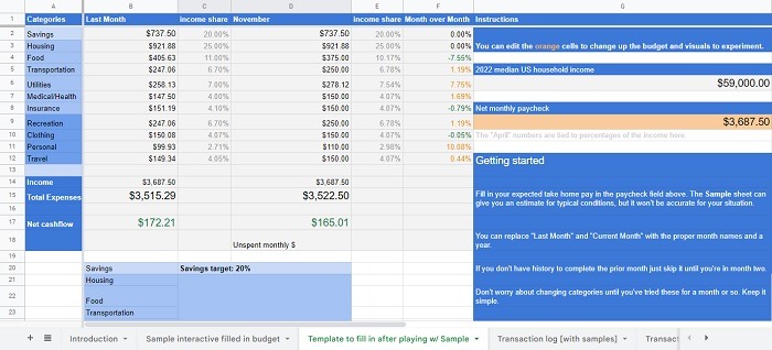 Simple Budget template showing last month's expenses.