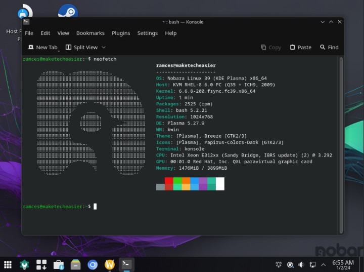 A screenshot of the Nobara Linux desktop.