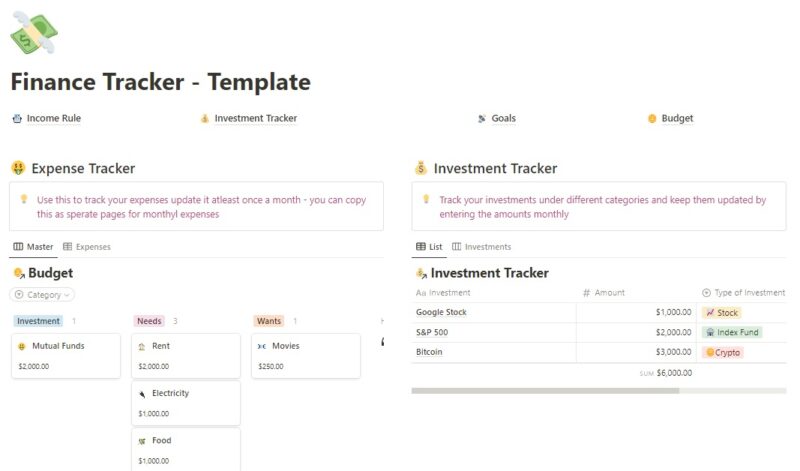 Tracking finances with one of the best free Notion budget templates, Finance Tracker.