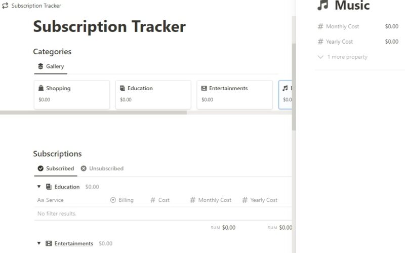 Subscription Tracker main page, one of the top free Notion budget templates.