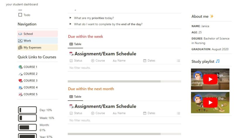 Student Dashboard template from Notion