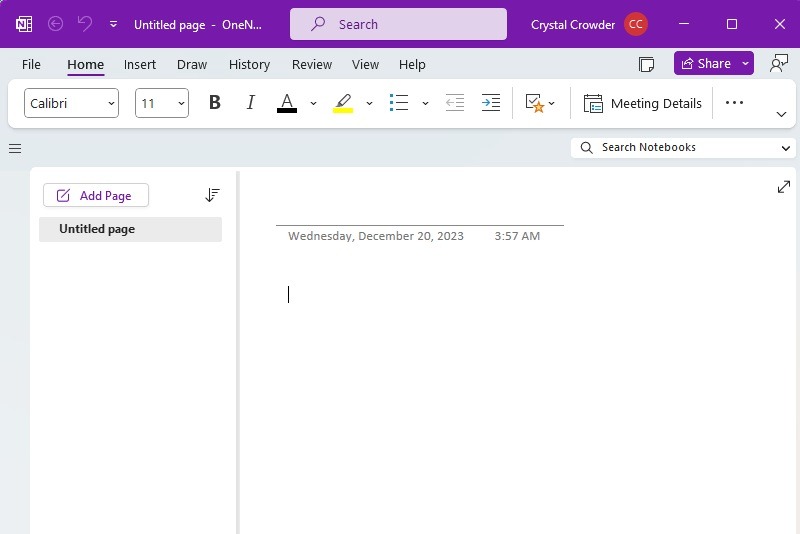 Adding a page to a OneNote notebook, one of the best journaling apps for Windows.
