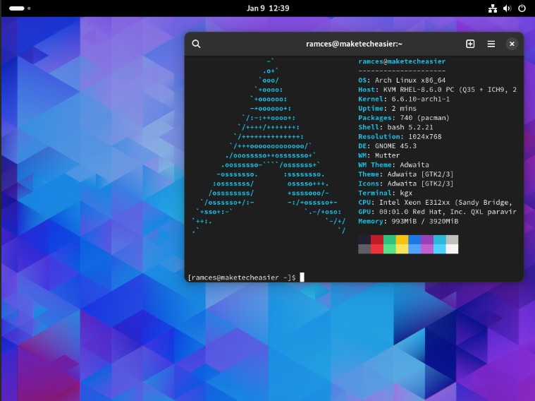 A screenshot of an example Arch Linux desktop.