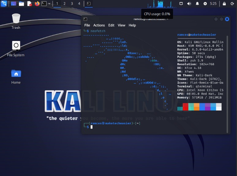 A screenshot showing an example desktop in Kali Linux.