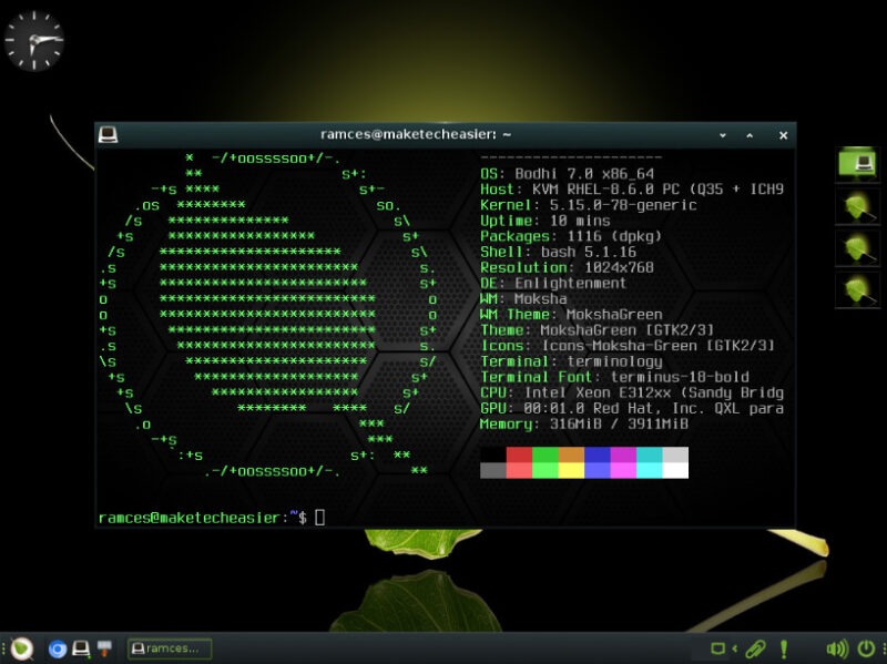 A screenshot showing an example desktop in Bodhi Linux.