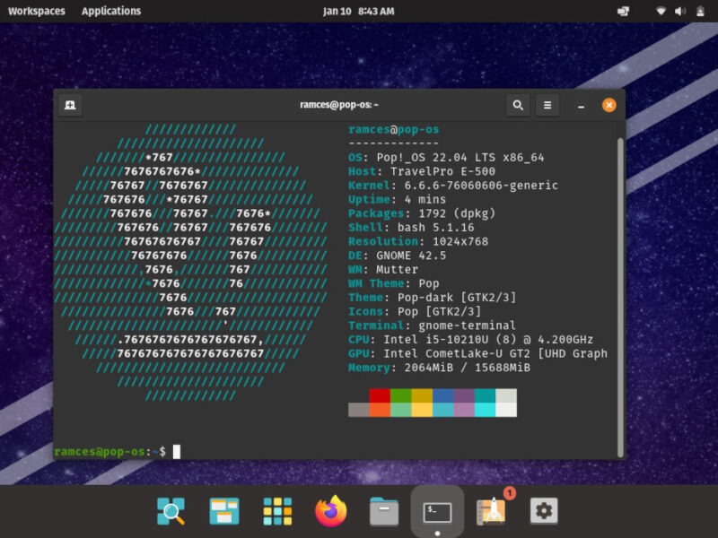 A screenshot showing an example desktop in Pop!_OS.