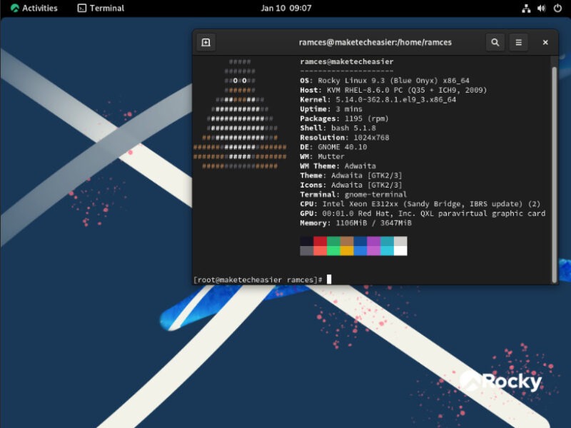 A screenshot showing an example desktop in Rocky Linux.
