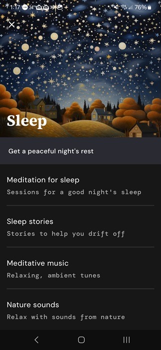 Medito's Sleep section of meditations