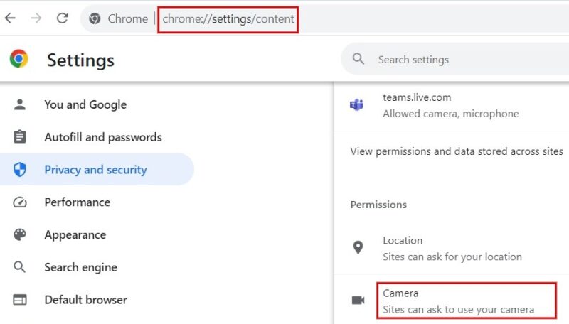 Checking Camera permissions in Chrome browser.