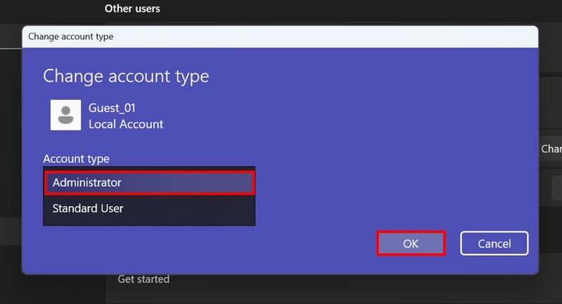 Changing the account type to Administrator in Windows Settings.