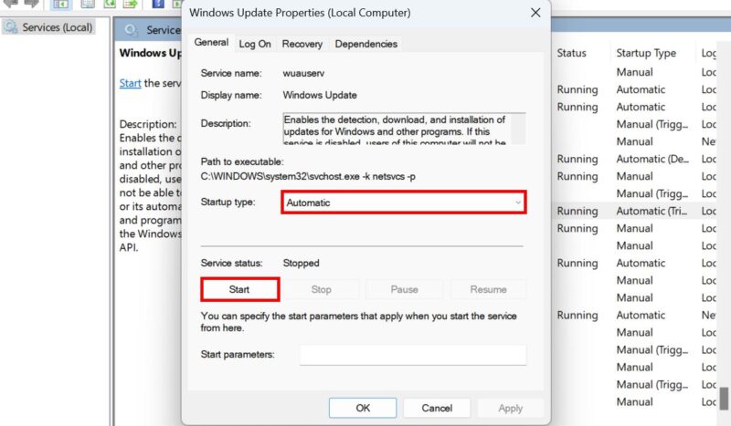Set the startup type for Windows Update to Automatic