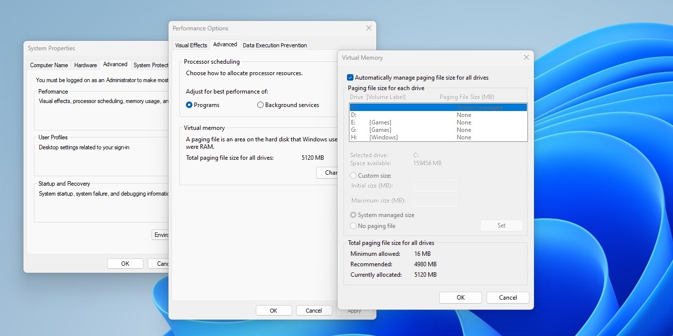 Windows 11 desktop screenshot showing virtual memory and pagefile settings