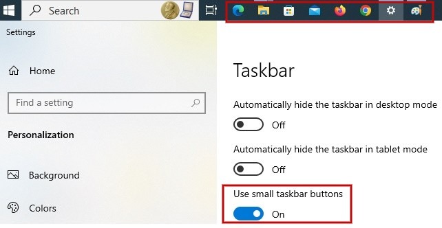 Activating "Use small taskbar buttons" options in Windows 10 Settings. 