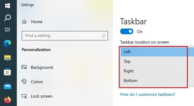 Changing "Taskbar location on screen" option in Windows 10.