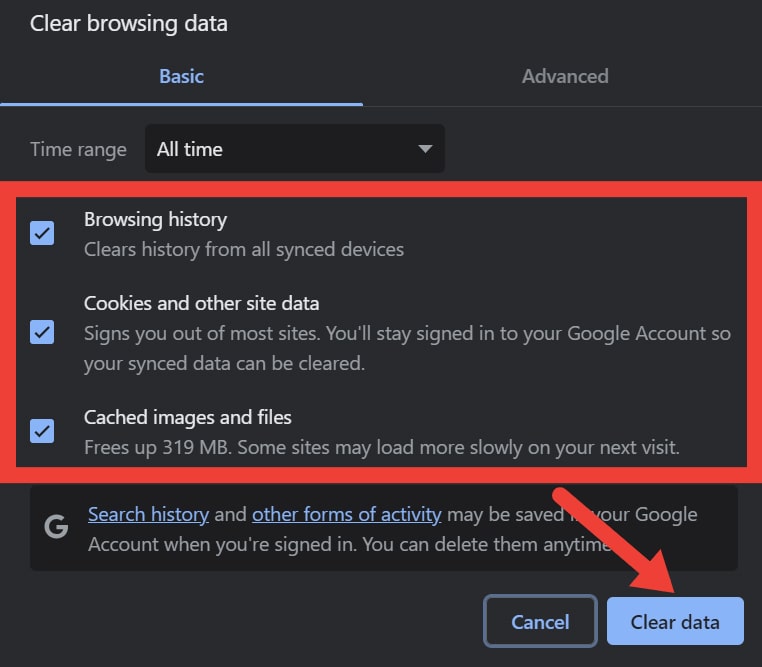 Clicking "Clear data" button in "Clear browsing data" pop-up. 