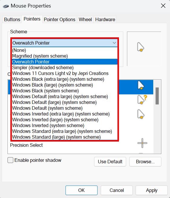 Selecting a cursor scheme in the Mouse Properties window.