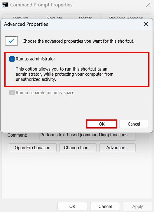 Opting to always run CMD shortcut as administrator in Advanced Properties.
