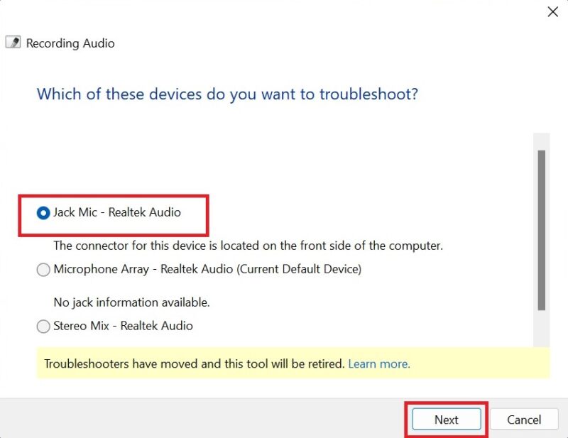 Selecting the device to troubleshoot from Recording Audio window. 