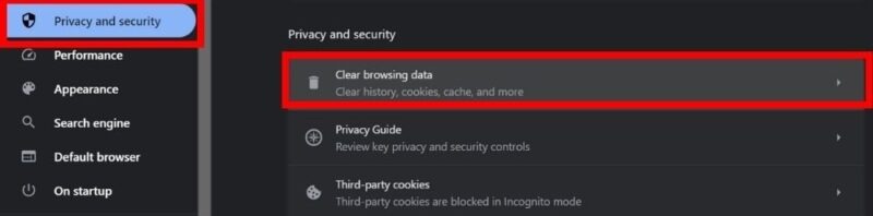 Navigating to "Clear browsing data" in Chrome Settings. 