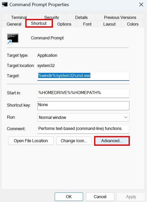 Clicking the "Advanced" button to show more properties of CMD shortcut
