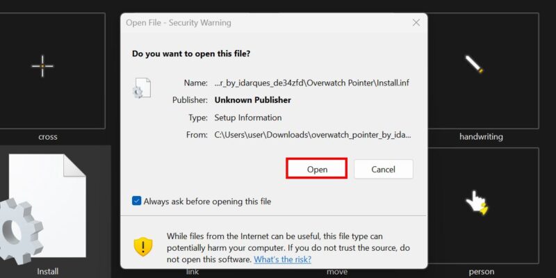 Clicking "Open" in installation prompt for .INF file. 
