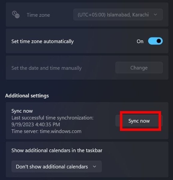 Clicking the Sync now button under "Time & date."