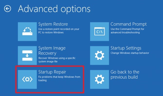 Clicking on "Startup Repair" option in Advanced options in Windows RE environment.