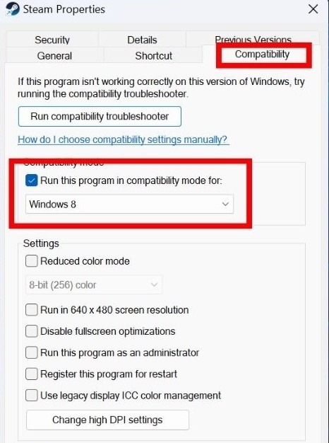 Selecting "Run this program in compatibility mode" in Properties window.