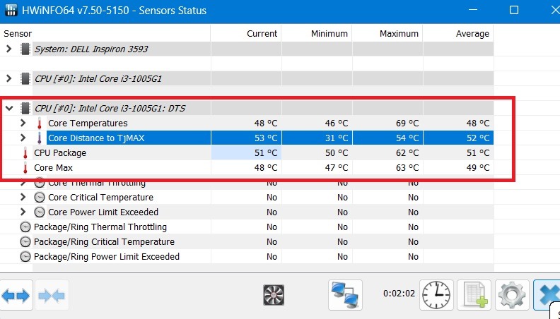 CPU temperature measurement using HWinFO app.
