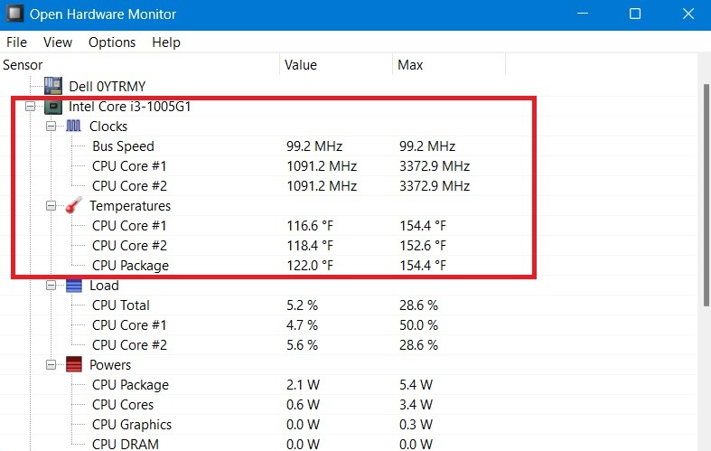 CPU core temperature measurement using Open Hardware Monitor.