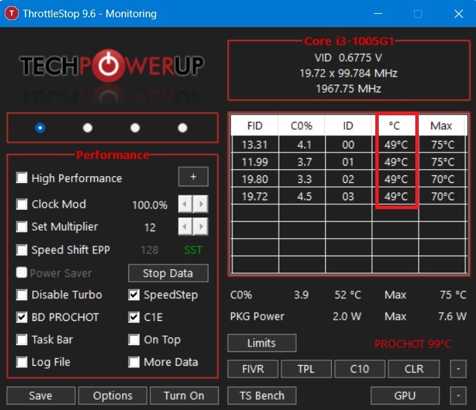 CPU temperature measurement using ThrottleStop app.