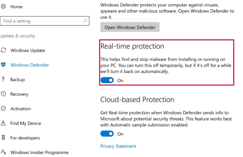 Real-time protection option to disable Microsoft Defender