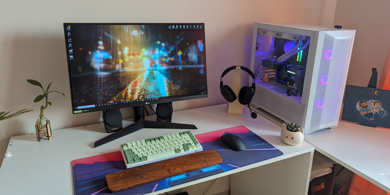 PC desk setup wide shot