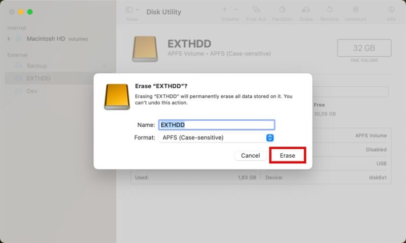 Disk Utility Showing A Highlighted Erase Button