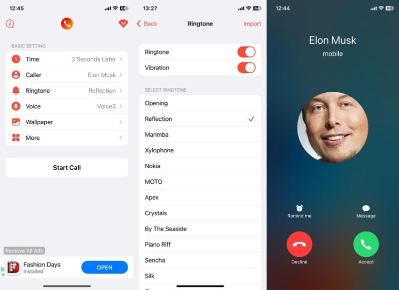 Fake Call – Prank Caller ID Apps interface overview.