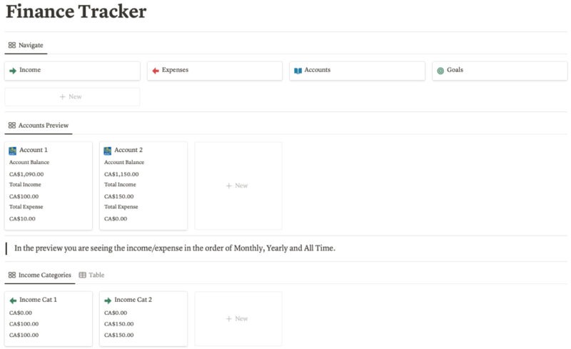 Finance Tracker main page
