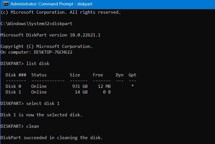 DiskPart commands including "iist disk" and "clean" to wipe USB data.