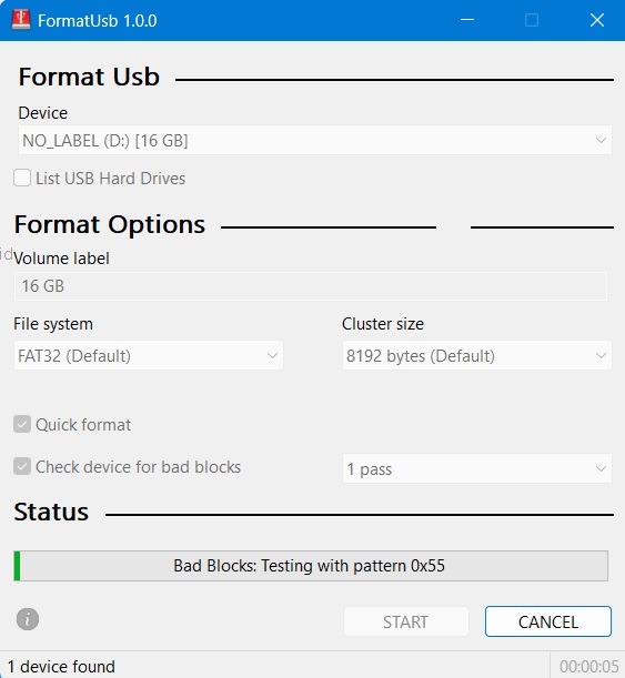 Formatting a USB drive and bad sectors testing with FormatUSB utility.