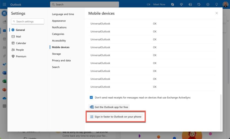 Clicking on "Sign in faster to Outlook on your phone" in Outlook for web.