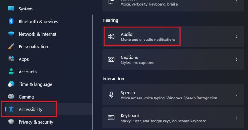 Selecting "Audio" option under Accessibility in Windows Settings.
