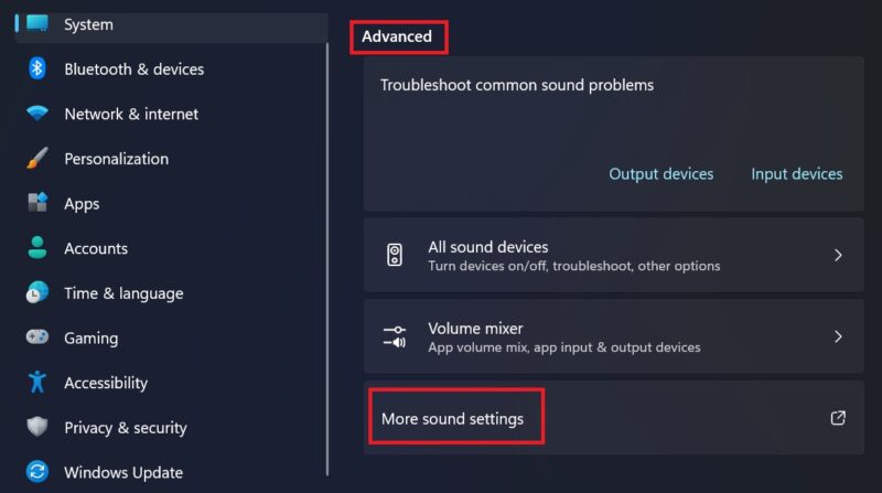 Clicking "More sound settings" under "Advanced" in Windows Settings.