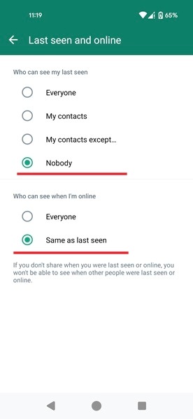 Tweaking settings for "Who can see my last seen" and "Who can see when I'm online" in WhatsApp for Android.